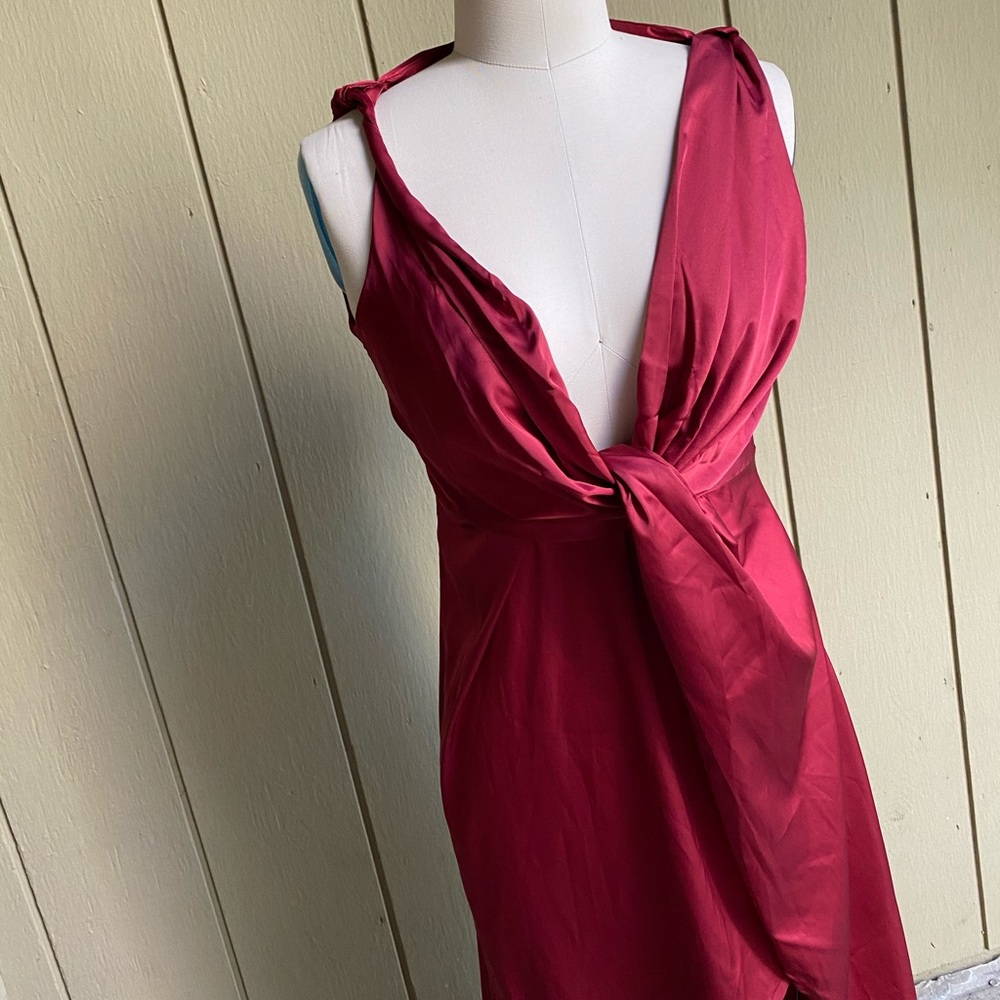 SEE THE SHADES Wine Long Open Back Satin DRESS